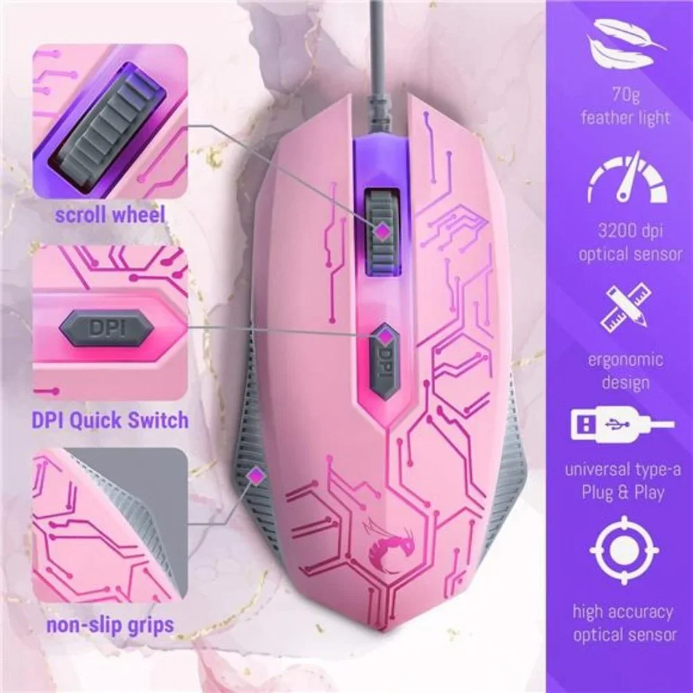 Pink Gaming Keyboard and Mouse Headset Headphones and Mouse pad, Wired LED RGB